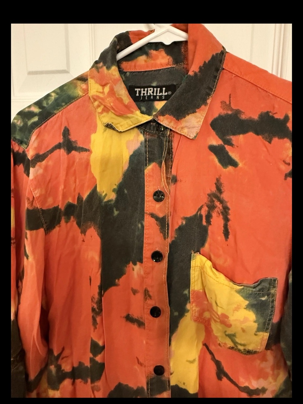 Thrill Jeans Hi Low Tie-Dyed Button Up Shirt Duster XL Destroyed Colorful Cotton - Picture 4 of 13